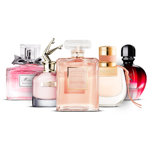 Combination of 5 women’s perfumes – Miss Dior Absolutely Blooming, Scandal, Coco Mademoiselle, Nomade and Black XS [100 ml each]
