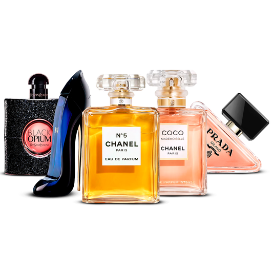 Combination of 5 women’s perfumes – Black Opium, Good Girl, Chanel Nº5, Coco Mademoiselle and Prada Paradoxe [100 ml each]