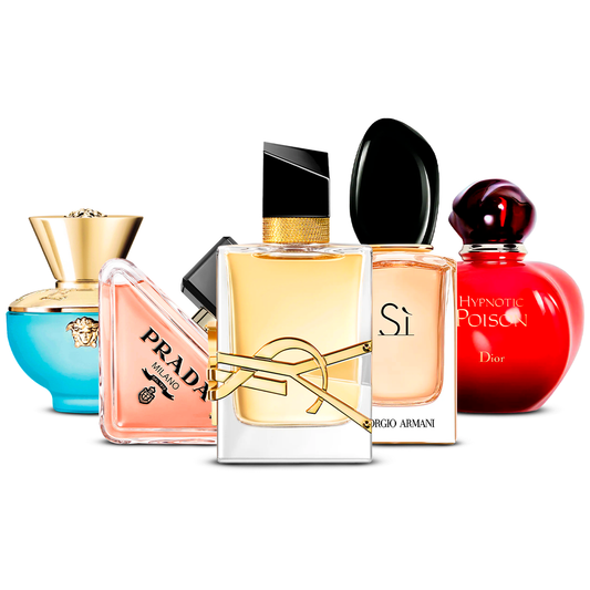 Combination of 5 women’s perfumes – Versace Dylan Turquoise, Prada Paradoxe, Yves Saint Laurent Libre, Giorgio Armani Sì and Dior Hypnotic Poison [100 ml each]