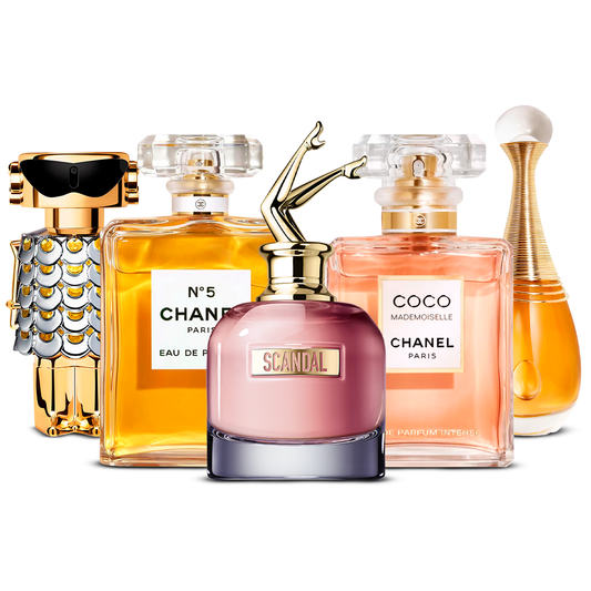 Combination of 5 women’s perfumes – Fame, Chanel Nº5, Scandal, Coco Mademoiselle and J’adore [100 ml each]