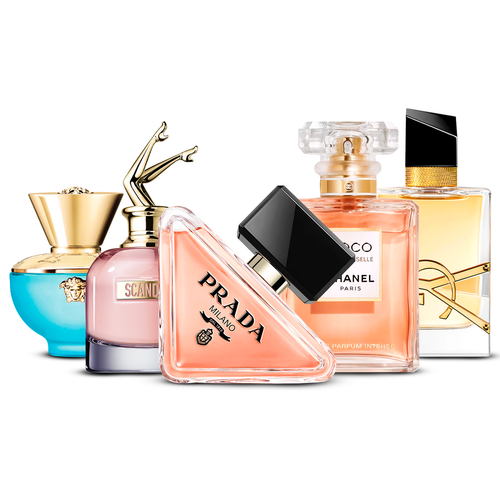 Combination of 5 women’s perfumes – Versace Dylan Turquoise, Scandal, Prada Paradoxe, Coco Mademoiselle and Yves Saint Laurent Libre [100 ml each]