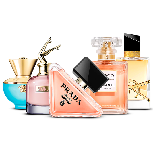 Combination of 5 women’s perfumes – Versace Dylan Turquoise, Scandal, Prada Paradoxe, Coco Mademoiselle and Yves Saint Laurent Libre [100 ml each]