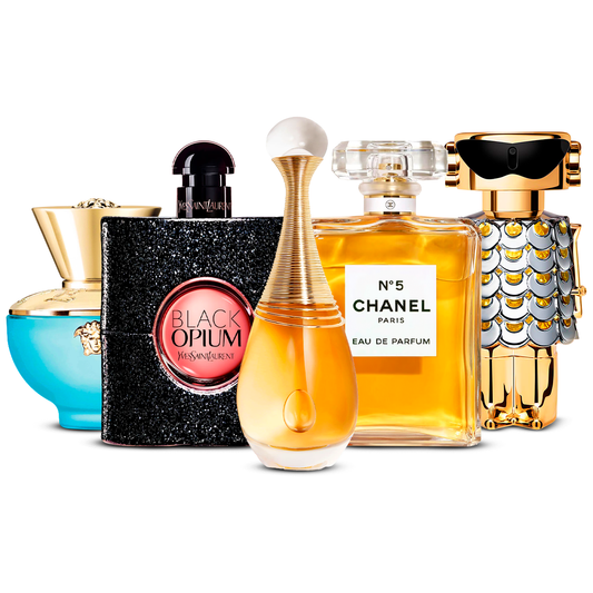 Combination of 5 women’s perfumes – Versace Dylan Turquoise, Black Opium, J’adore, Chanel Nº5 and Fame [100 ml each]