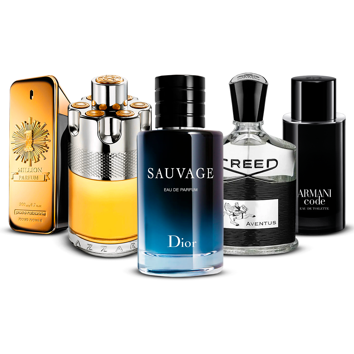 Combination of 5 men’s perfumes – 1 Million, Azzaro Wanted, Sauvage, Creed Aventus and Armani Code [100 ml each]