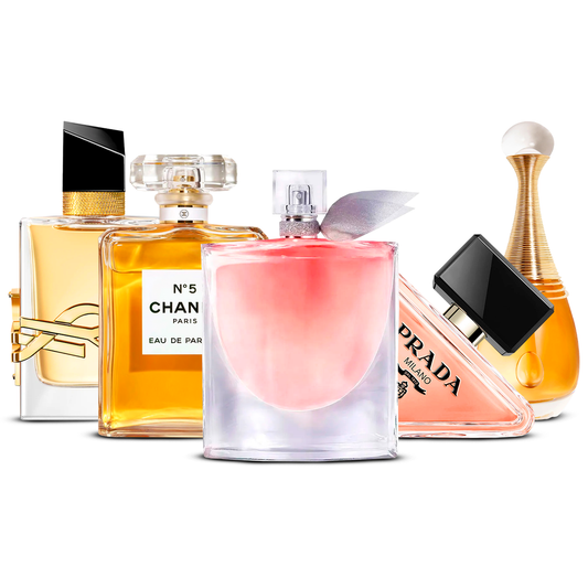 Combination of 5 women’s perfumes – Yves Saint Laurent Libre, Chanel Nº5, La Vie Est Belle, Prada Paradoxe and J’adore [100 ml each]