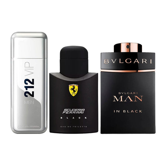 Combination of 3 men’s perfumes – 212 VIP, Ferrari Black and Bvlgari In Black [100 ml each]